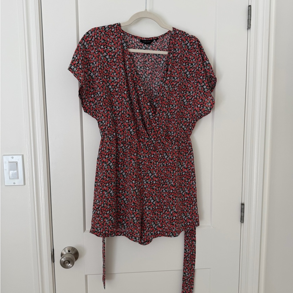 Red Floral Wrap Romper with Tie Waist